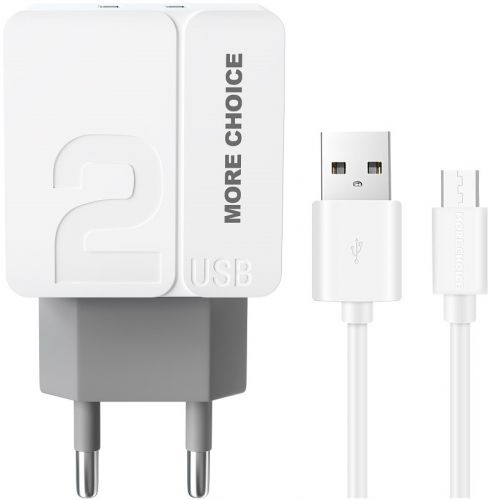 Зарядное устройство сетевое More Choice NC46m 2*USB 2.4A для micro USB 1м White Grey, цвет белый