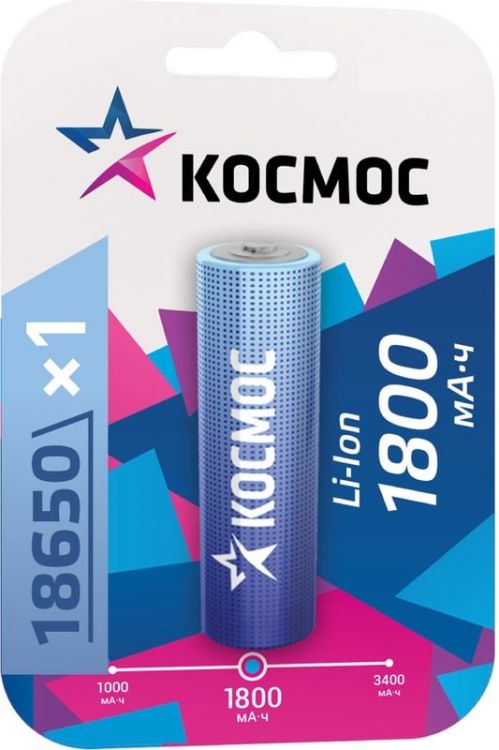 

Аккумулятор Космос KOC18650Li-ion18UBL1 Li-ion, 18650, 1800 мАч, 1 шт, KOC18650Li-ion18UBL1