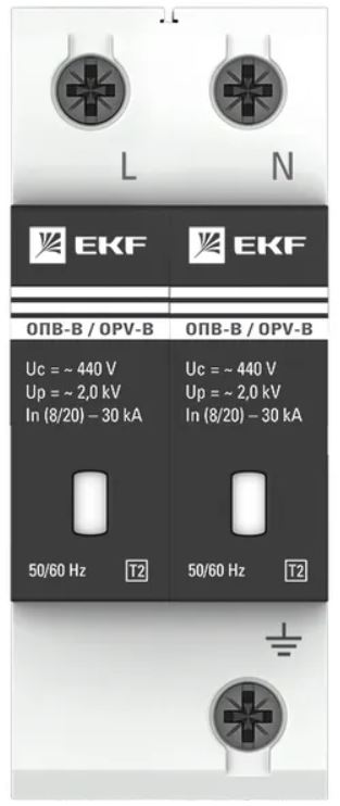 

Ограничитель импульсных перенапряжений EKF opv-b2 ОПВ-B/2P In 30кА 440В с сигн., opv-b2
