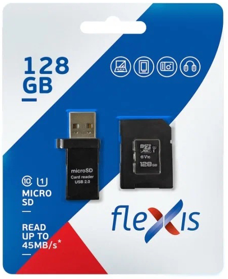 

Карта памяти MicroSDXC 128GB Flexis FX128GMSDXCU1 Class10 U1, c адаптером, USB картридером, чёрная, FX128GMSDXCU1