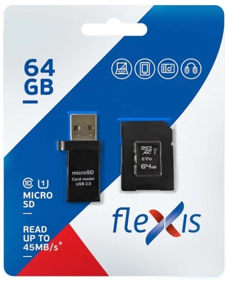 

Карта памяти 64GB Flexis FX64GMSDXCU1 Class10 U1, c адаптером, USB картридером, чёрная, FX64GMSDXCU1