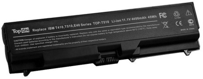цена Аккумулятор для ноутбука Lenovo TopOn TOP-T510 для моделей ThinkPad L410, T410, W510, E40, Edge 14, 15, E520 11.1V 4400mAh 49Wh. PN: 42T4235, 51J0499