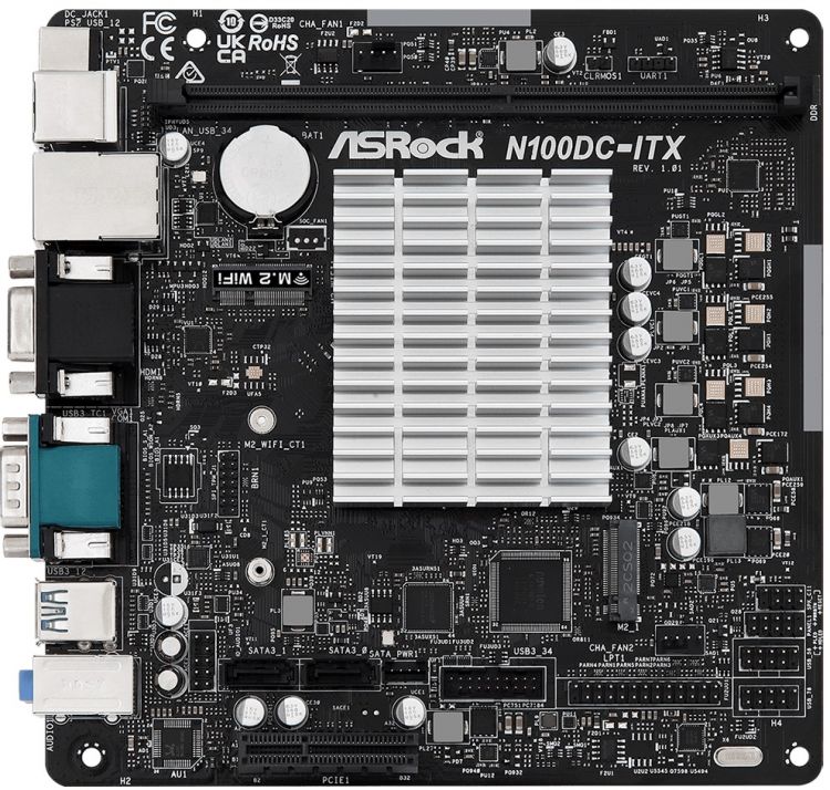 Материнская плата mini-ITX ASRock N100DC-ITX (N100, DDR4 (3200), 2*SATA 6G, M.2, PCIE, Glan, HDMI, D-Sub, COM, 2*USB 3.2, 4*USB 2.0)