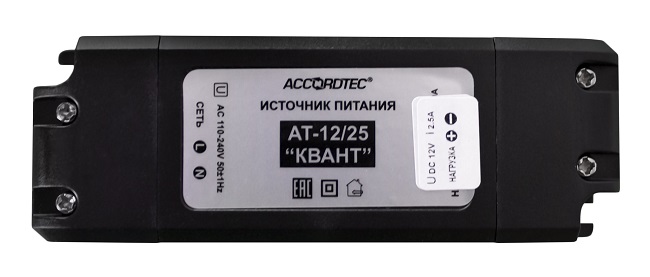 Источник питания AccordTec АТ-12/25 КВАНТ стабилизированный, вх 110...240 В, вых 12 В, регулировка выходного напряжения 11,9...14.7 В, ном ток нагрузк