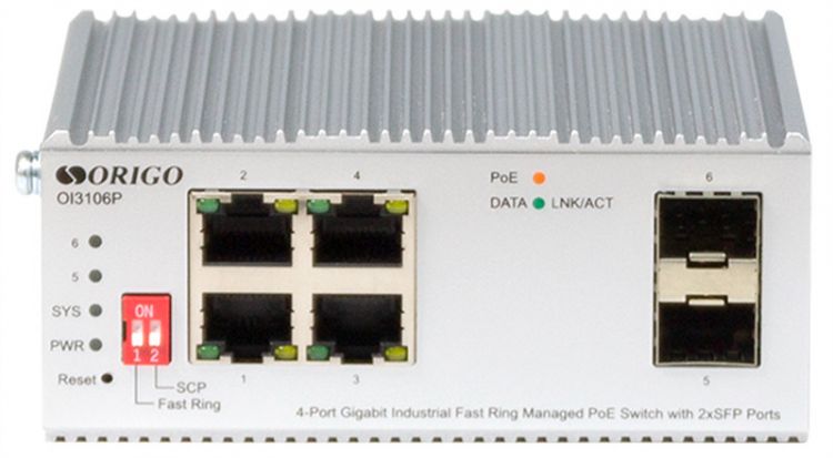 

Коммутатор управляемый ORIGO OI3106P/60W/A1A L2 Fast Ring 4x1000Base-T PoE, 2x1000Base-X SFP, PoE Budget 60W, Surge 4KV, -40 to 75°C, OI3106P/60W/A1A