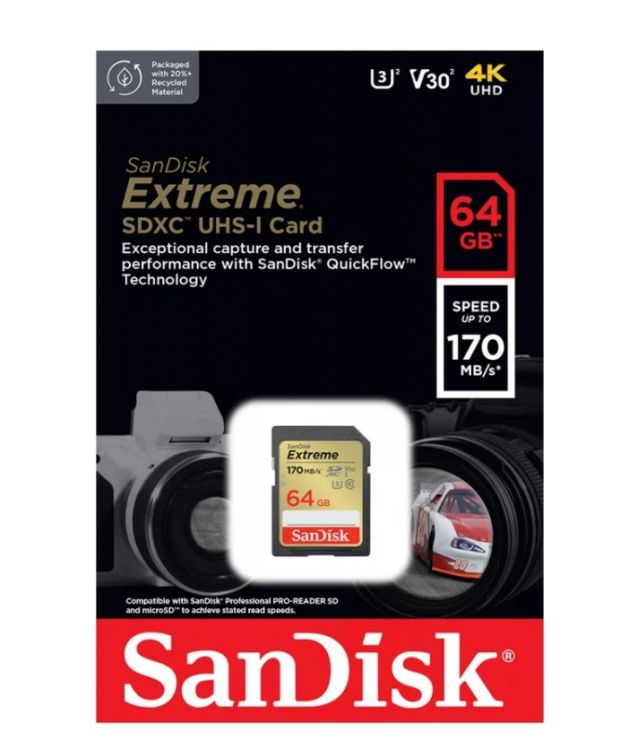 

Карта памяти SDXC 64GB SanDisk SDSDXV2-064G-GNCIN Extreme Class 10 V30 UHS-I U3 170 Mb/s, SDSDXV2-064G-GNCIN