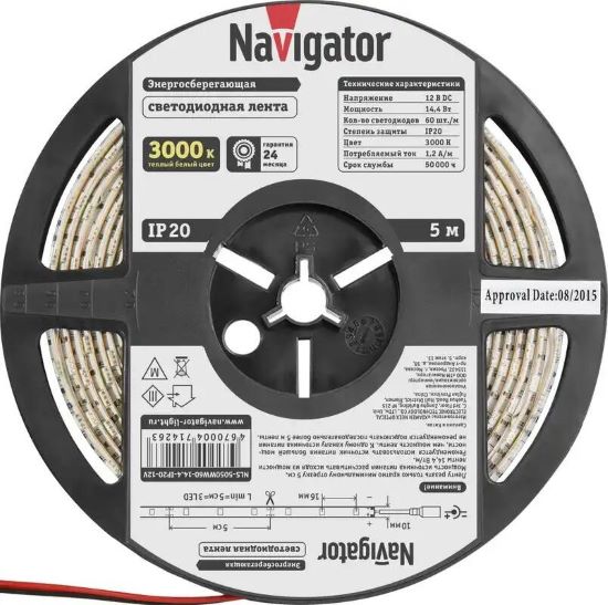 Лента светодиодная Navigator NLS-5050WW60-14.4-IP20-12V 60LED/м, 14,4Вт, 12В DC, нарез. кр. 50мм, теплый белый 3000К, IP20, 5м. в ролле (71426)