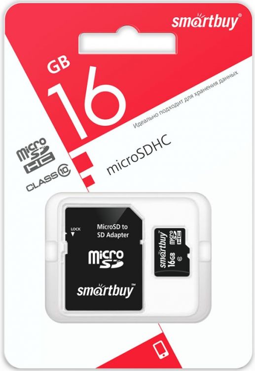 

Карта памяти MicroSDHC 16GB SmartBuy SB16GBSDCL10-01LE Сlass 10 + SD адаптер, SB16GBSDCL10-01LE