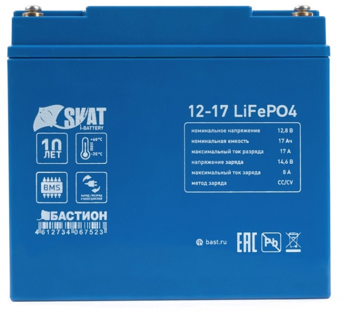 Аккумулятор Бастион Skat i-Battery 12-17 LiFePo4 литий-железо-фосфатный герметизированный 12 В, 17 Ач Li-ion литиевый аккумулятор lithtech 12 в батареи lifepo4 12 в 100 ач морской аккумулятор lifepo4 с bms bluetooth