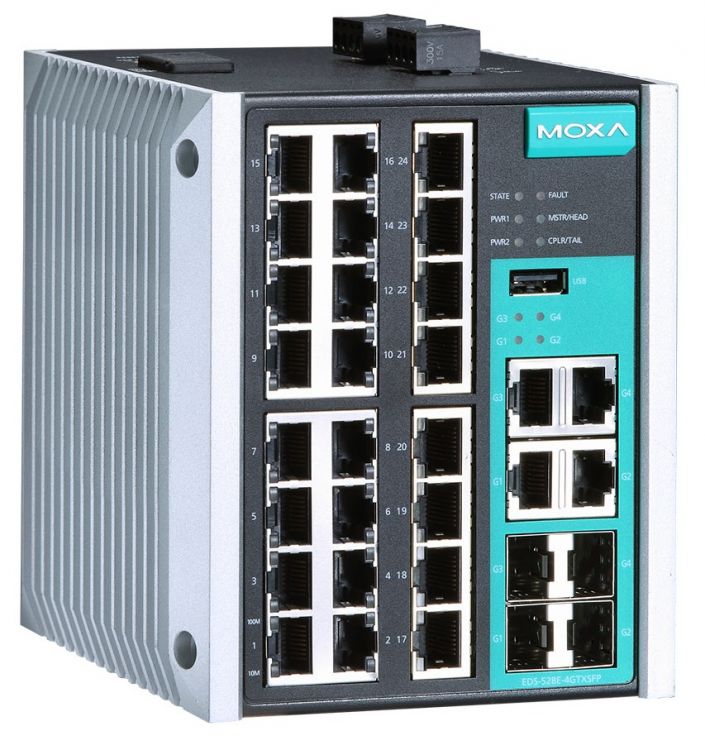 

Коммутатор MOXA EDS-528E-4GTXSFP-HV-T Managed Gigabit Ethernet switch with 24 10/100BaseT(X) ports, and 4 combo 10/100/1000BaseT(X) or 100/1000BaseSFP, EDS-528E-4GTXSFP-HV-T