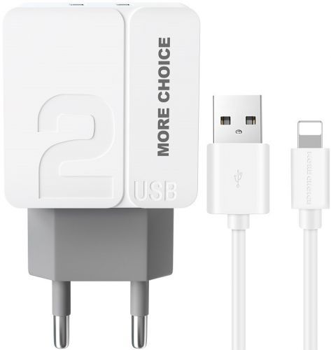 Зарядное устройство сетевое More Choice NC46i 2*USB 2.4A для Lightning 8-pin 1м White Grey, цвет белый