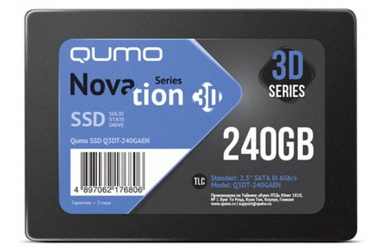 

Накопитель SSD 2.5'' Qumo Q3DT-240GAEN Novation 240GB SATA3.0 3D TLC 560/540MB/s IOPS 76K/85K MTBF 1.5, Q3DT-240GAEN