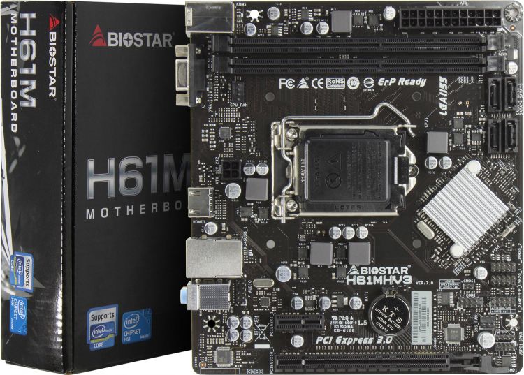 Материнская плата mATX Biostar H61MHV3 (LGA1155, H61, 2*DDR3 (1600), 4*SATA 3G, 2*PCIE, Glan, HDMI, VGA, 4*USB 2.0) RTL b75 btc mining motherboard lga1155 8 pcie usb adapter support 2 ddr3 b75 usb btc motherboard
