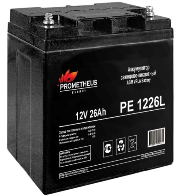 

Батарея для ИБП PROMETHEUS ENERGY РЕ1226L PE 1226L 12V, 26Ah, болт-гайка 5 мм, РЕ1226L