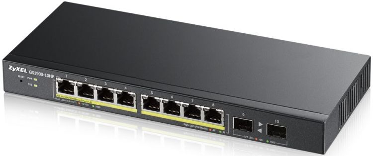 Коммутатор управляемый ZYXEL GS1900-10HP Smart L2 PoE+, 8xGE PoE+, 2xSFP, настольный, бесшумный, бюджет PoE 77Вт