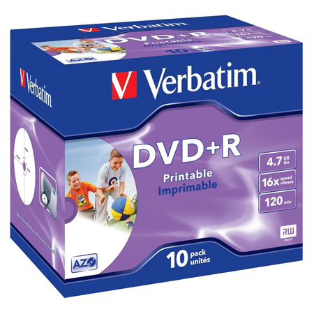 Диск DVD+R Verbatim 43508 4.7ГБ, 16x, 10 шт., Jewel Case, Printable verbatim 4 7 gb 16x cake box 50 full ink printable pro 50 200