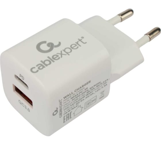 

Зарядное устройство сетевое Cablexpert MP3A-PC-46 20Вт, 3А, QC3.0/PD, 2 порта: USB и Type-C, белый, пакет, MP3A-PC-46