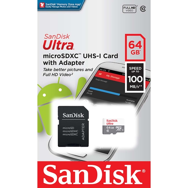 

Карта памяти MicroSDXC 64GB SanDisk SDSQUNR-064G-GN3MA Class 10 Ultra (SD адаптер) UHS-I 100MB/s, SDSQUNR-064G-GN3MA