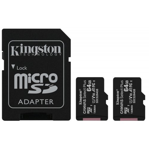 

Карта памяти 64GB Kingston Canvas Select Plus SDCS2/64GB-2P1A 2 x 64 GB, UHS-I Class 10 U1 A1, чтение до 100Мб/с, с адаптером, Canvas Select Plus