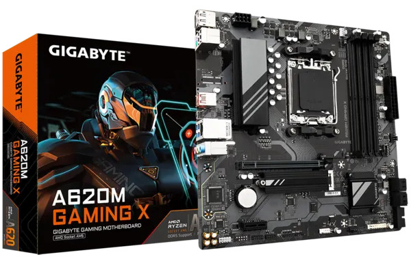 Материнская плата mATX GIGABYTE A620M GAMING X (AM5, AMD A620, 4*DDR5 (8000), 4*SATA 6G RAID, M.2, 2*PCIE, Glan, HDMI, DP, 2*USB Type-C, 2*USB 3.2, 2*