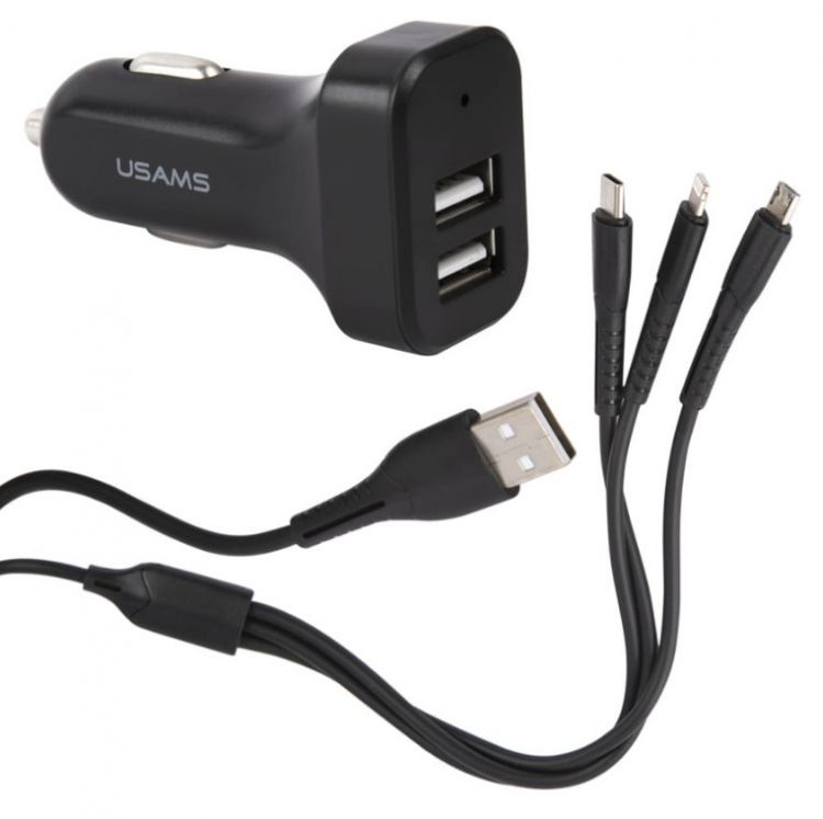 Зарядное устройство автомобильное Usams УТ000024854 кабель U35 3в1 1м+АЗУ C13 2.1A 2 USB, черное (NTU35YTSC13TZ) - фото 1