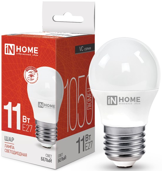 

Лампа светодиодная IN HOME 4690612020617 LED-ШАР-VC 11Вт шар 4000К нейтральный, белый E27 1050лм, 4690612020617