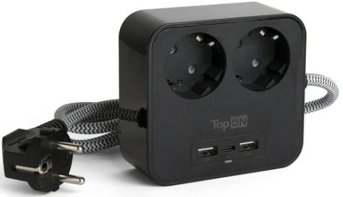 Сетевой фильтр TopOn TOP-PWS2B 2 розетки с 2 USB-A и USB-C, 4000W, 1.5м, черный