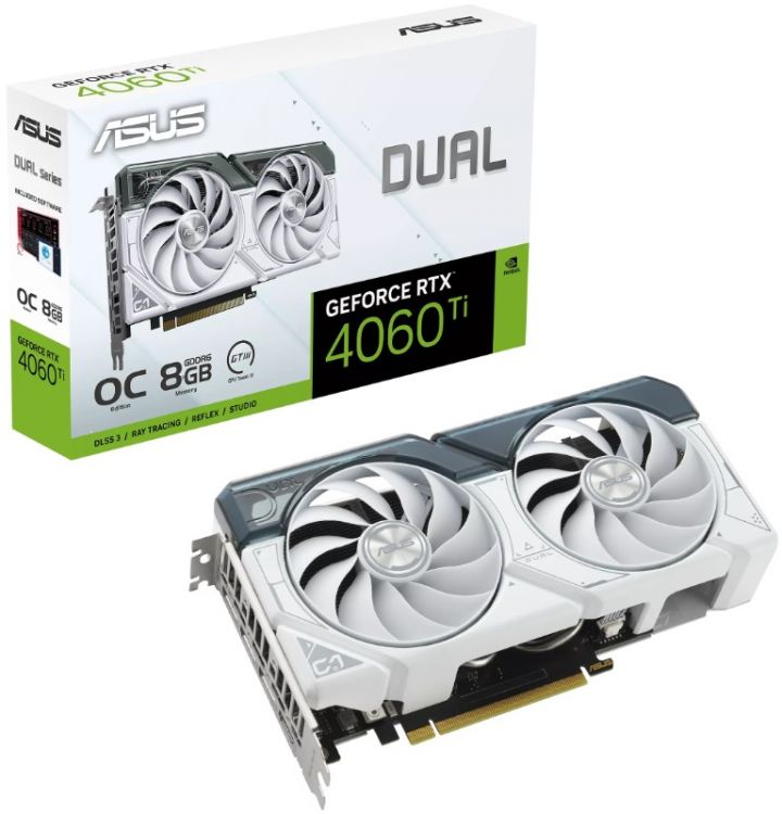 Видеокарта PCI-E ASUS GeForce RTX 4060 Ti DUAL WHITE OC (DUAL-RTX4060TI-O8G-WHITE) 8GB GDDR6 128bit 5nm 2310/18000MHz HDMI/3*DP