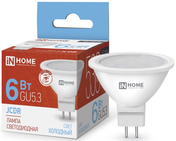 

Лампа светодиодная IN HOME 4690612030739 LED-JCDR-VC 6Вт рефлектор 6500К холодный, белый GU5.3 530лм, 4690612030739