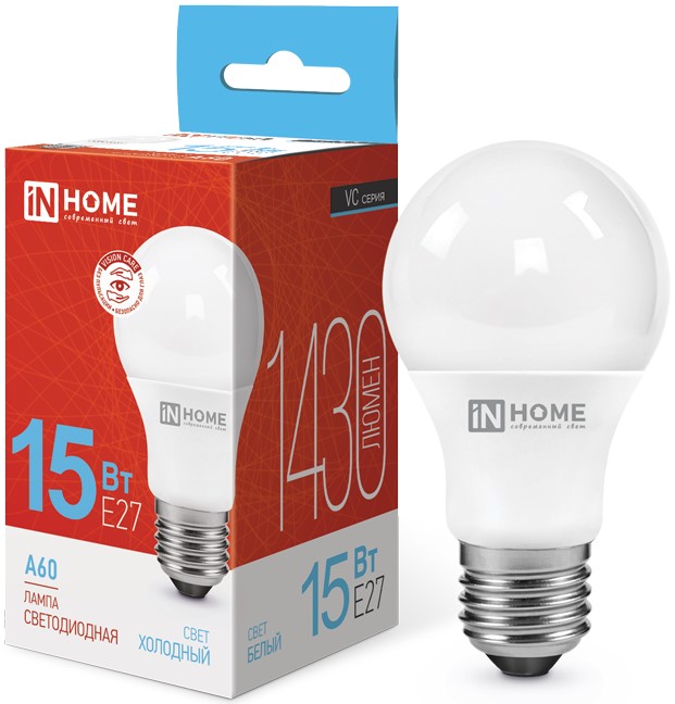 

Лампа светодиодная IN HOME 4690612020280 LED-A60-VC 15Вт грушевидная 6500К холодный, белый E27 1430лм, 4690612020280