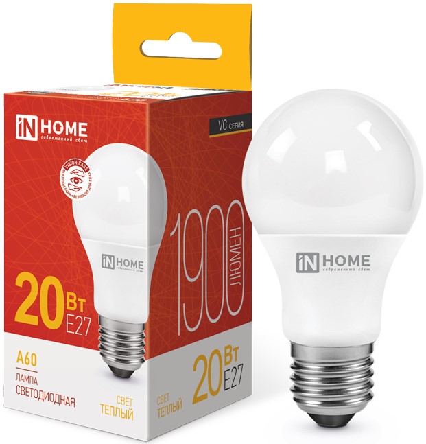 

Лампа светодиодная IN HOME 4690612020297 LED-A60-VC 20Вт грушевидная 3000К теплый, белый E27 1900лм, 4690612020297