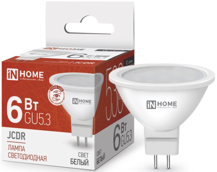 

Лампа светодиодная IN HOME 4690612020372 LED-JCDR-VC 6Вт рефлектор 4000К нейтральный, белый GU5.3 530лм, 4690612020372