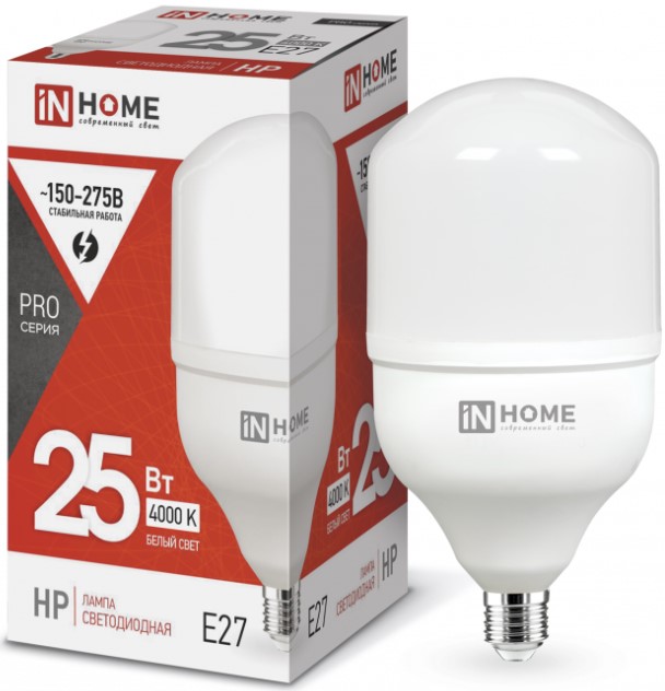 

Лампа светодиодная IN HOME 4690612031057 высокомощная LED-HP-PRO 25Вт цилиндр 4000К нейтральный, белый E27 2380лм, 4690612031057