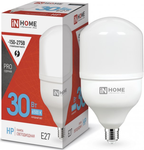 

Лампа светодиодная IN HOME 4690612031088 высокомощная LED-HP-PRO 30Вт цилиндр 6500К холодный, белый E27 2850лм, 4690612031088