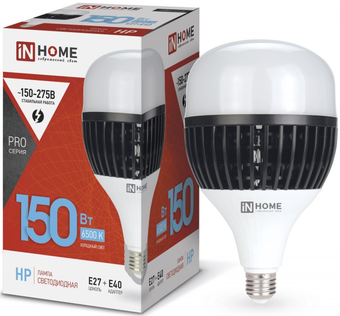 

Лампа светодиодная IN HOME 4690612035703 LED-HP-PRO 150Вт грушевидная 6500К холодный, белый E27 14250лм 150-275В с адаптером E40, белый, 4690612035703