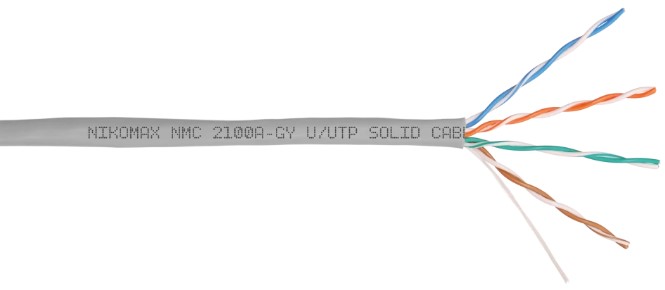 

Кабель витая пара U/UTP 5e кат. 4 пары NIKOMAX NMC 2100A-GY 24AWG(0.50 мм), медь, одножильный (solid), внутренний, PVC, серый, уп/305м, NMC 2100A-GY