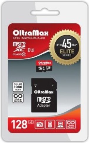 

Карта памяти MicroSDXC 128GB OltraMax OM128GCSDXC10UHS-1-ElU1 Class 10 Elite UHS-I (45 Mb/s) + SD адаптер, OM128GCSDXC10UHS-1-ElU1