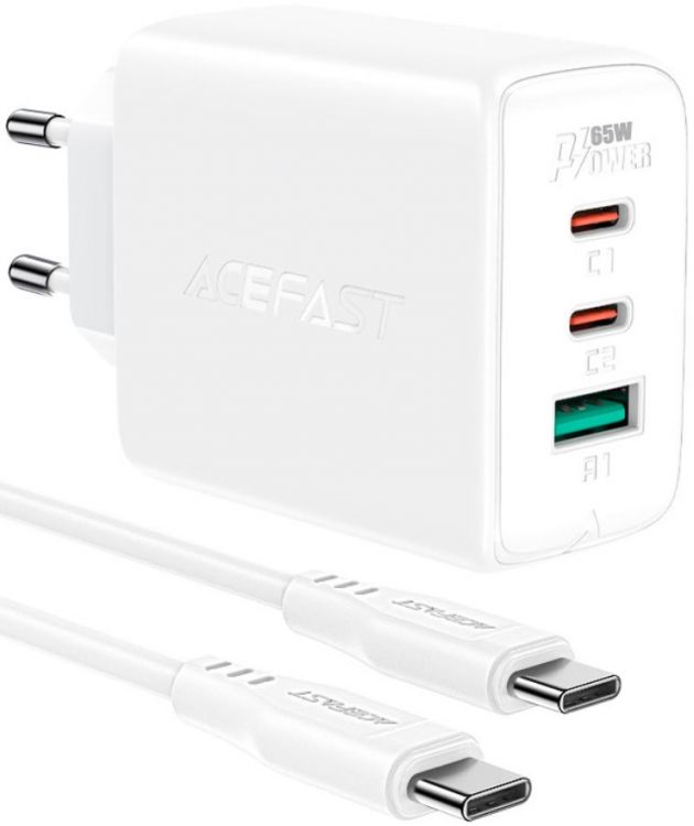 Зарядное устройство сетевое ACEFAST A13 трехпортовое, 65W, USB Type-C/USB Type-C/USB Type-A, кабель USB Type-C 1.2 м, белое цена и фото