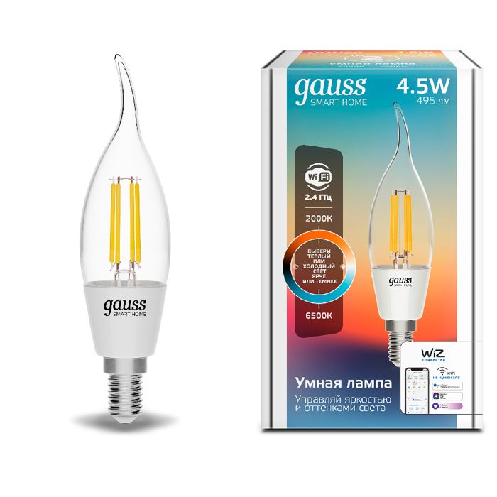 

Лампа светодиодная Gauss 1280112 филаментная Smart Home DIM+CCT E14 CF35 4,5 Вт 2000-6500 К 380...49, 1280112