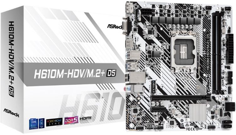 Материнская плата mATX ASRock H610M-HDV/M.2+ D5 (LGA1700, H610, 2*DDR5 (5600), 4*SATA 6G, M.2, 2*PCIE, Glan, D-Sub, HDMI, DP, USB Type-C, USB 3.2, 4*U масштабатор kramer vp 424c 72 042490 hdmi и usb c в hdmi поддержка 4к60 4 4 4