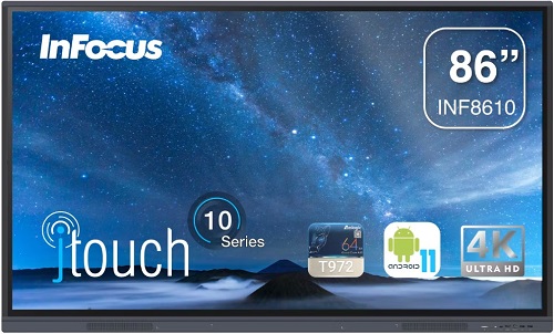 цена Интерактивная панель InFocus JTOUCH 10 INF8610 86, 3840*2160, 60 Hz, ИК тачскрин 20 касаний, 400 cd/m2, 5000:1, 4GB DDR4, 32GB, Android 11.0, колонки