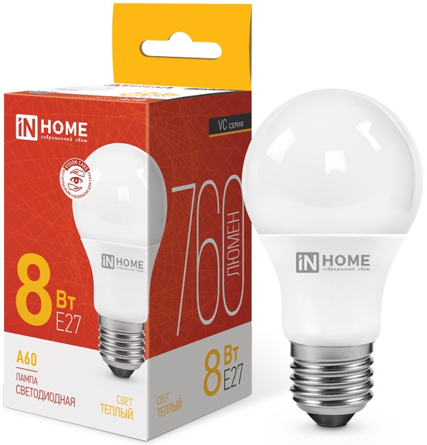 

Лампа светодиодная IN HOME 4690612024004 LED-A60-VC 8Вт грушевидная 3000К теплый, белый E27 760лм, 4690612024004