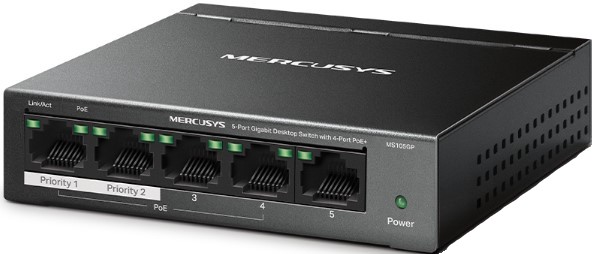 

Коммутатор неуправляемый Mercusys MS105GP 5-Port Gigabit Desktop Switch with 4-Port PoE+ PORT: 4*Gigabit PoE+ Ports, 1*Gigabit Non-PoE Port SPEC: Comp, MS105GP