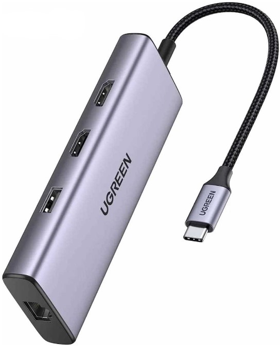 

Разветвитель UGREEN CM490 90119_ USB-C to 2*USB 3.0+1×USB 2.0+2*HDMI+RJ45(1000M)+SD+TF+PD 4K60Hz, серый, CM490