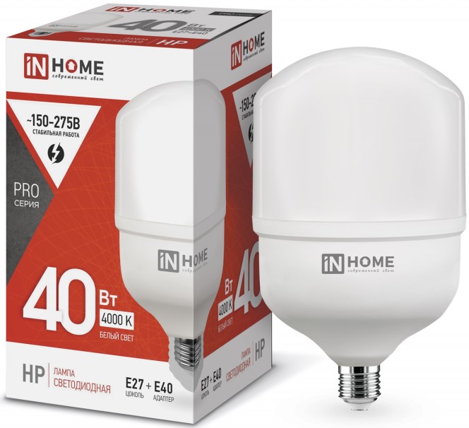 

Лампа светодиодная IN HOME 4690612031095 высокомощная LED-HP-PRO 40Вт цилиндр 4000К нейтральный, белый E27 3800лм 230В с адаптером, 4690612031095