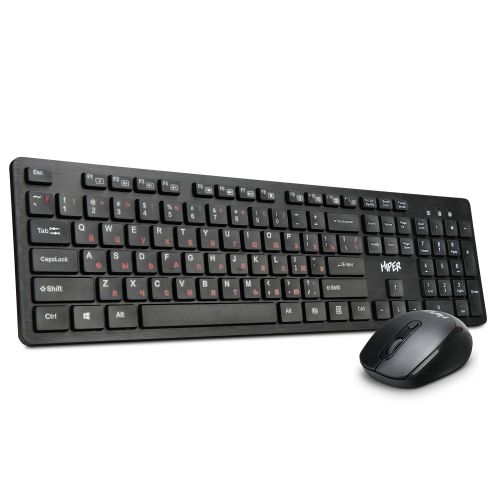 Клавиатура и мышь Wireless HIPER OSW-3000 черные, 104 кл, USB, 1600dpi, 4 кн, размер Широкая, цвет красный