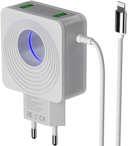 Зарядное устройство сетевое More Choice NC48i 2*USB 2.1A для Lightning 8-pin со встроенным кабелем и, цвет белый NC48i White - фото 1