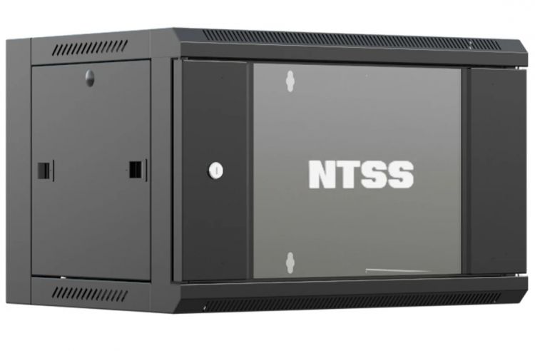 Шкаф настенный NTSS W 9U 600х600х500мм, 2 профиля 19", дверь стеклянная, черный RAL 9005 (NTSS-W9U6060GS-BL)