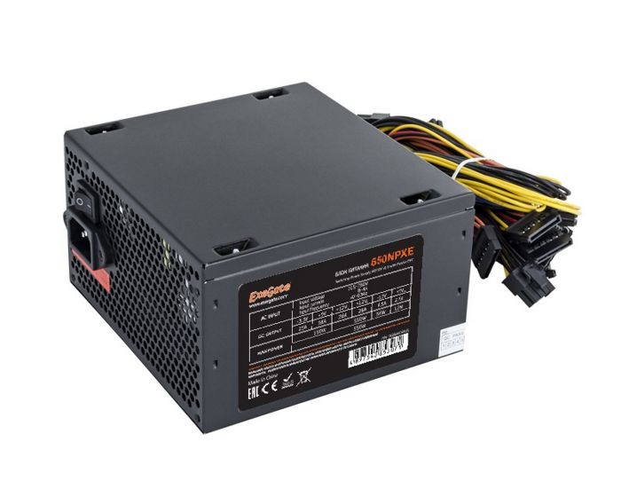 Блок питания ATX Exegate 650NPXE EX264476RUS-PC 650W (+PFC), PC, black, 12cm fan, 24+(4+4)p, (6+2)p PCI-E, 3*SATA + кабель 220V в комплекте