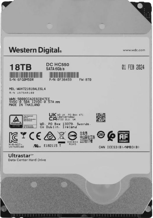 Жесткий диск 18TB SATA 6Gb/s Western Digital WUH721818ALE6L4 0F38467 Server Ultrastar DC HC550 3.5" 7200rpm 512MB